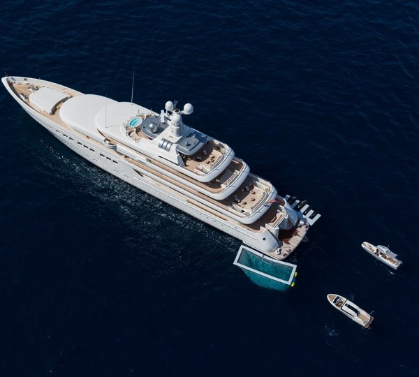 aerial view of the yacht at anchor with water toys