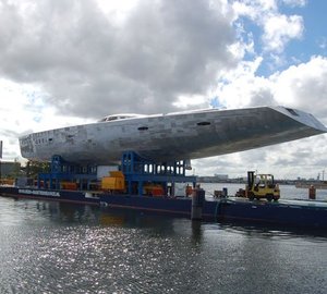 Hull of the Dixon designed 45m sailing yacht Y3 arrives at Holland Jachtbouw