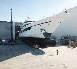 80m Columbus Classic luxury superyacht DRAGON leaves shed at Palumbo Superyachts