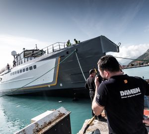 55m Yacht Support Vessel BLUE OCEAN hits water at Damen