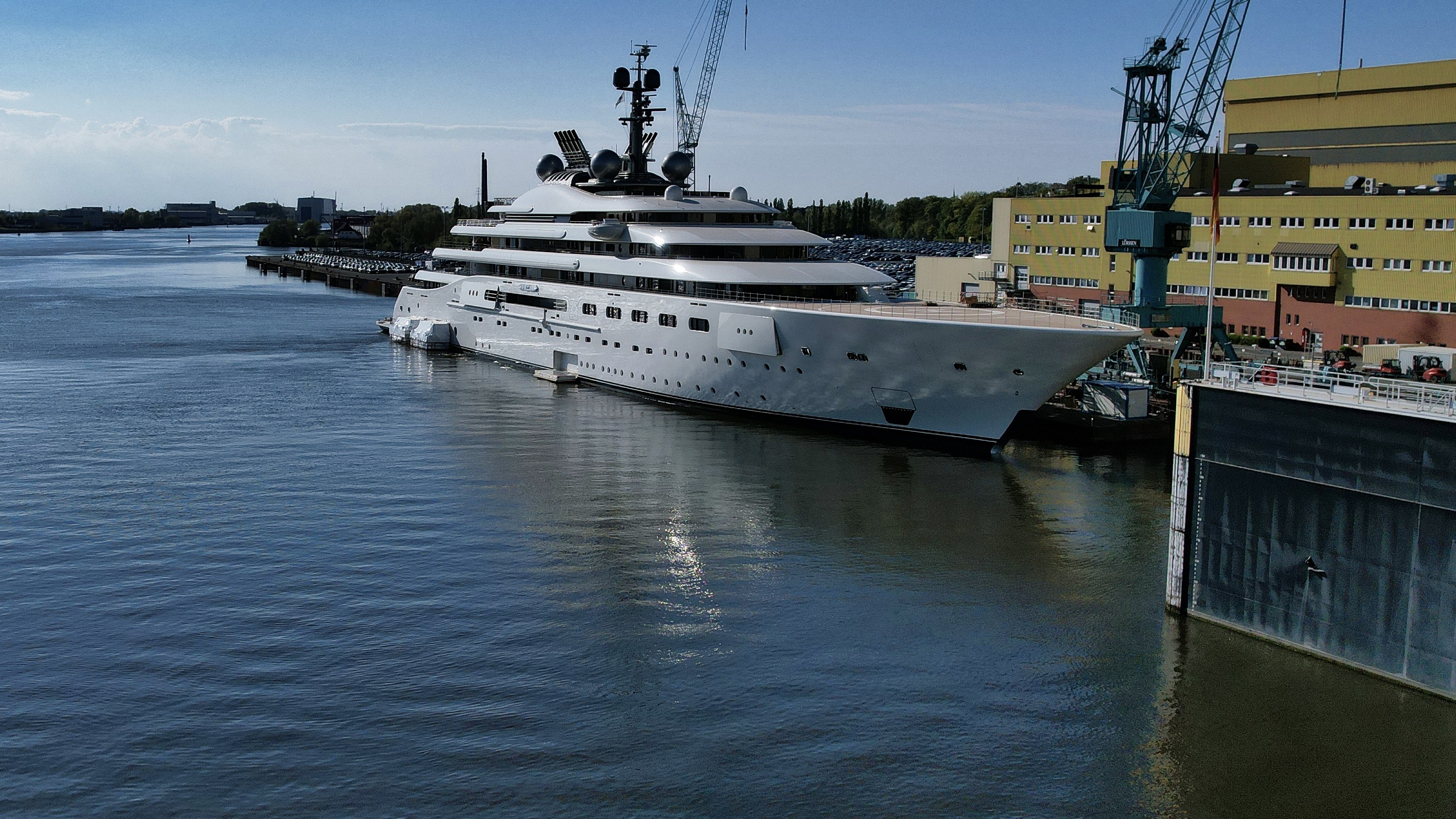 Mega yacht Project BLUE at Lurssen undergoing finishing work before ...