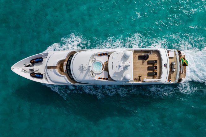 Aerial view of the charter yacht CROSSED SABRE