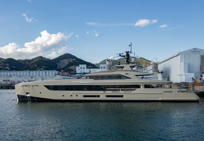Profile of motor yacht RILASSATA during launch - Photo Credit Giuliano Sargentini