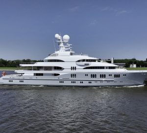 Luxury mega yacht ROCINANTE seen on sea trials after refit at Lurssen shipyard
