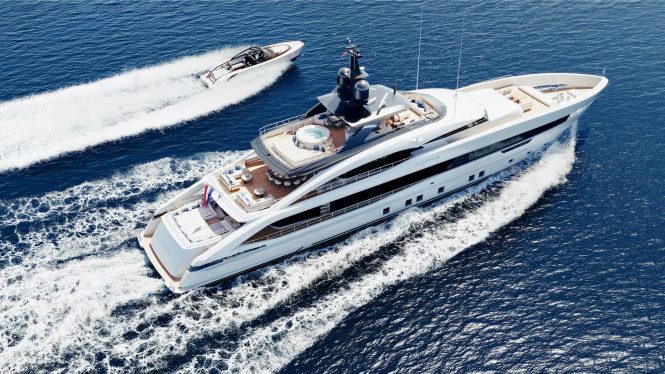 Luxury motor yacht project SOPHIA - running shot with Tender rendering
