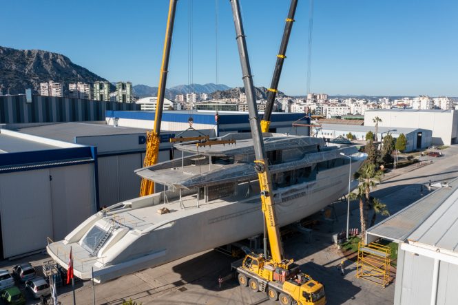 Stern view of hull and superstructure | superyacht PROJECT NACRE | Denison Yachting