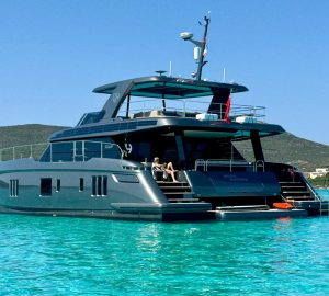 Contemporary eco-conscious 18m motor catamaran DOUBLE HAPPINESS available for charter in the Bahamas and the Caribbean