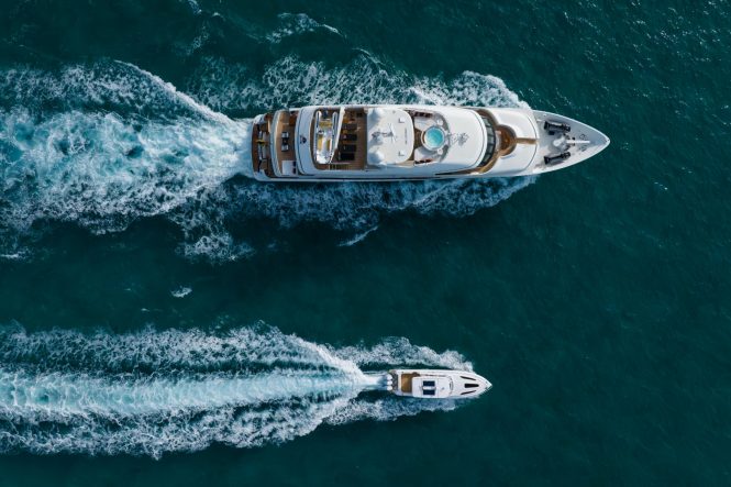 Aerial view of the motor yacht Crossed Sabre 