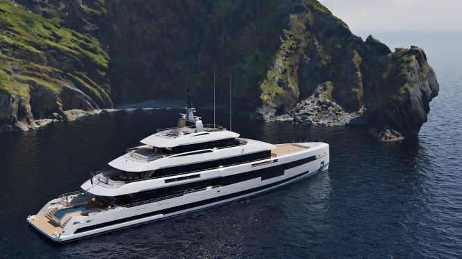 Superyacht PROJECT SETTEESETTANTA - rendering of completed yacht